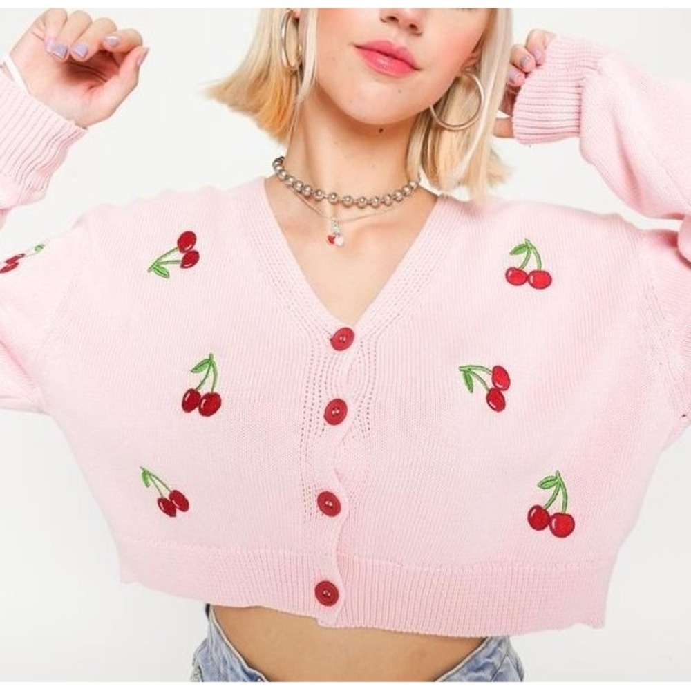 Pink Cherry Cardigan Minga London Small 100% cotton Barbiecore Coquette Y2K